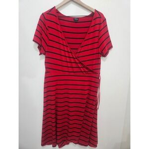 Torrid Red Black Striped Faux Wrap Dress Short Sleeve V-Neck Size 2 Plus Size